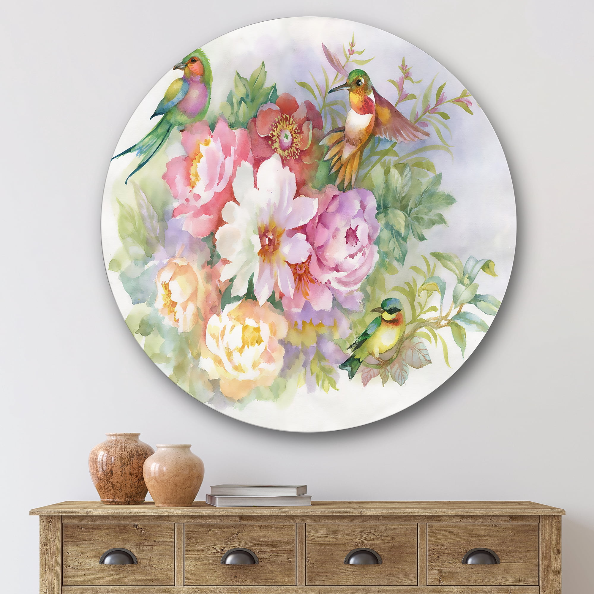 Designart 'Colourful Birds and Vibrant VIntage Flowers' Traditional Circle Metal Wall Art 36x36 - Disc of 36