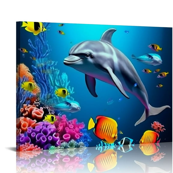 COMIO Tropical Ocean Theme Canvas Wall Art Framed Colorful Fish Coral Dolphin Bathroom Wall Decor Underwater World Pictures Artwork Modern Canvas Prints Living Room Bedroom