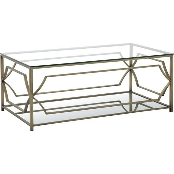 Pemberly Row Metal Rectangle Coffee Table with Glass in Brushed Brass