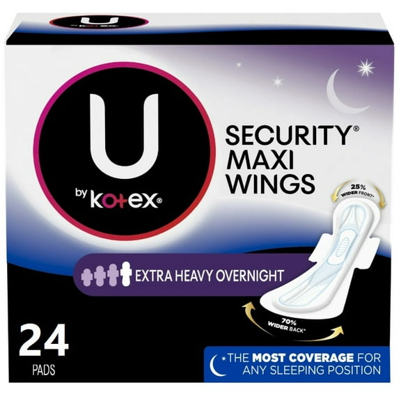 U by Kotex Security Maxi Feminine Pads with Wings, Extra Heavy Overnight Absorbency, Unscented, 24 Count