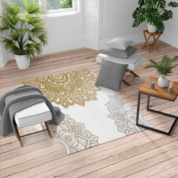 Flora Turkish Area Rug, South Mandala Design Vibrant Color Ornamental Illustration, Soft Carpet for Living Room Decor with Distressed Look, 2.6' x 5', Dark Khaki, by Ambesonne
