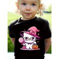 thumbnail image 1 of Halloween T-shirt - Cute Witch Cat with Pink Hat & Candy Design, Soft Knit Round Neck Tee for Kids' Parties, Spring/Summer Casual Wear, Halloween Clothes, Kids Party Attire, Playful Kids Fashion, 1 of 6