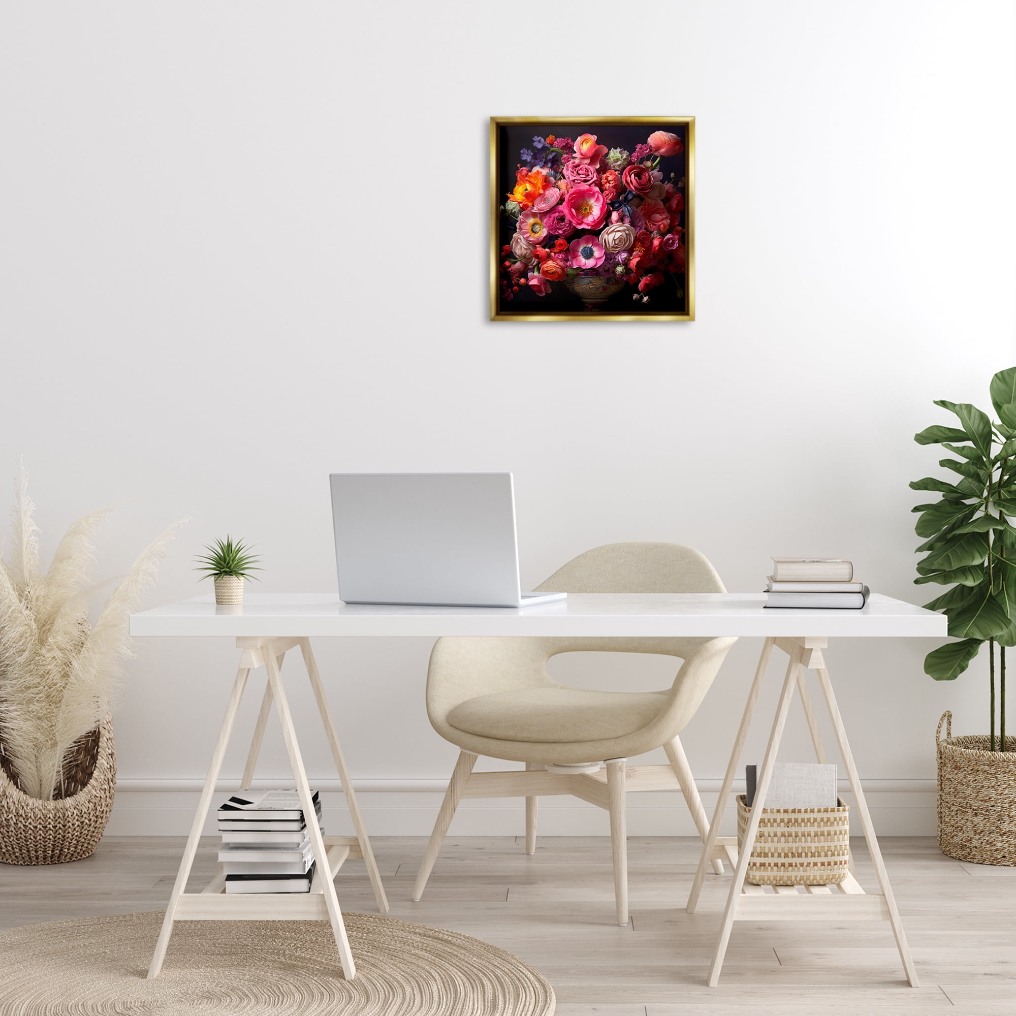 Stupell Industries Dark Full Bouquet Botanical & Floral Painting Gold Floater Framed Art Print Wall Art, 18 x 18