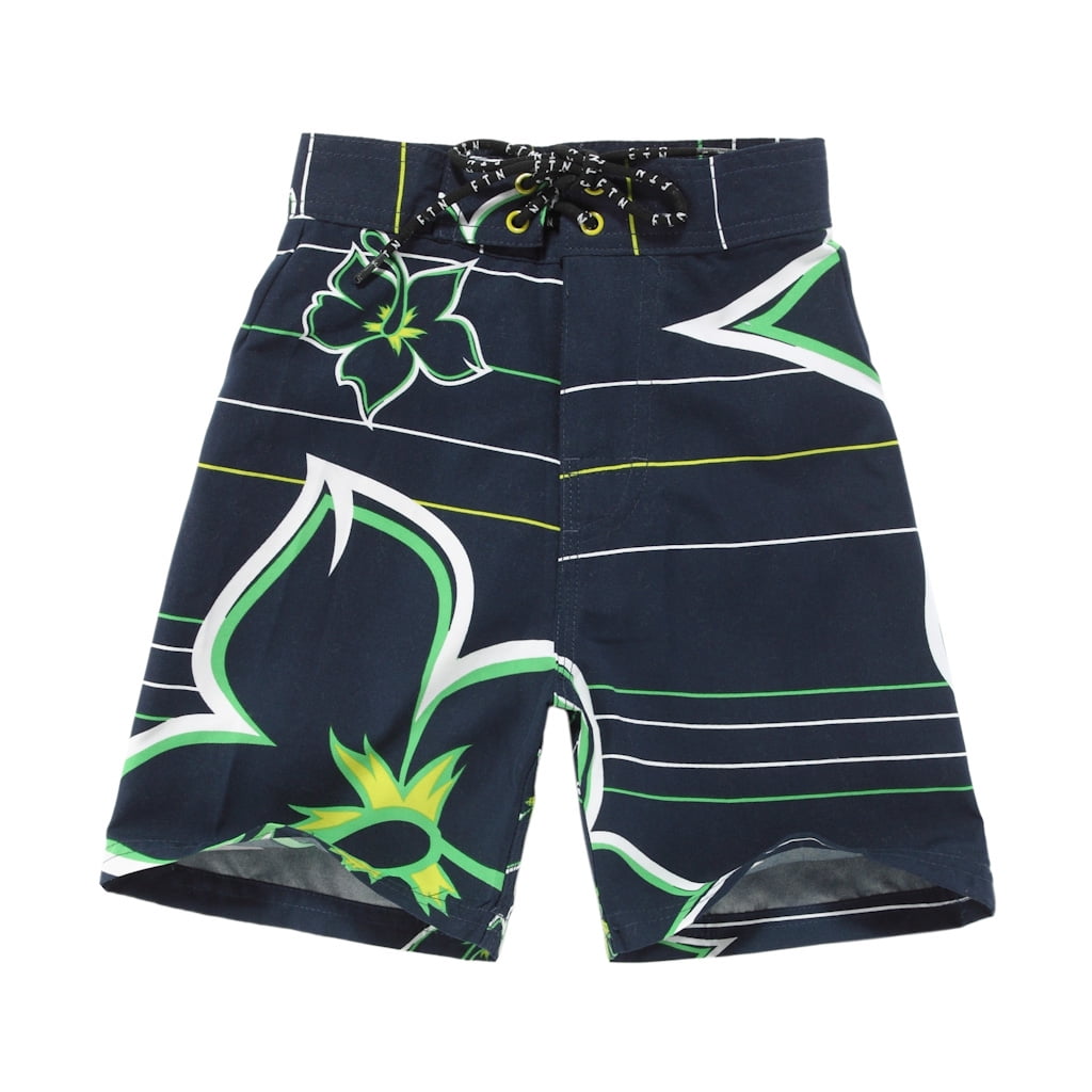 Boy Hawaiian Swimwear Board Shorts with Tie in Navy with Stripes and