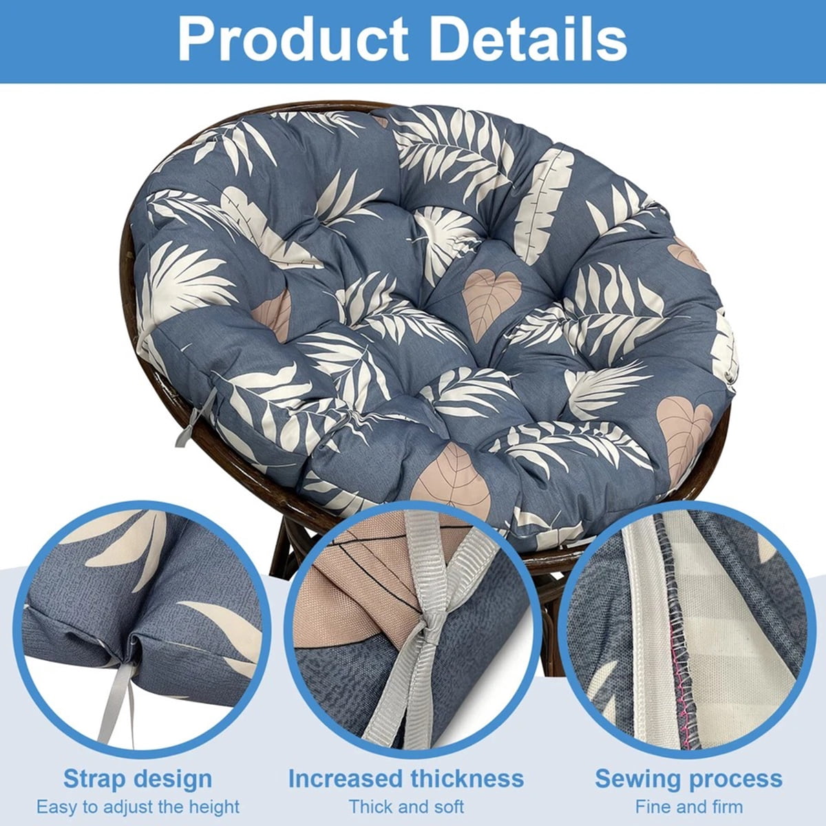 Eurhowing 48 Inch Papasan Cushion Replacement, 5" Thick Water-Resistant Round Cushion, Outdoor Patio Swing Papasan Chair Pad, Gray Leaves