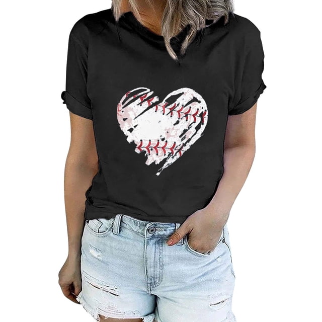 T-Shirt à Manches Courtes pour Femmes Femmes Liquidation T-Shirt en Chiffon pour Femmes T-Shirt de Baseball pour Femmes Amour Classique Col Rond Décontracté T-Shirt de Baseball à Manches Courtes