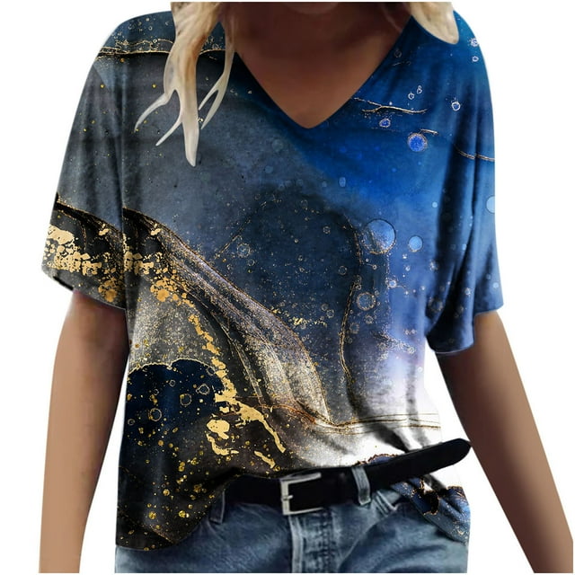 T-shirt Ample Décontracté à Col en V à Manches Courtes pour Femmes avec Imprimé