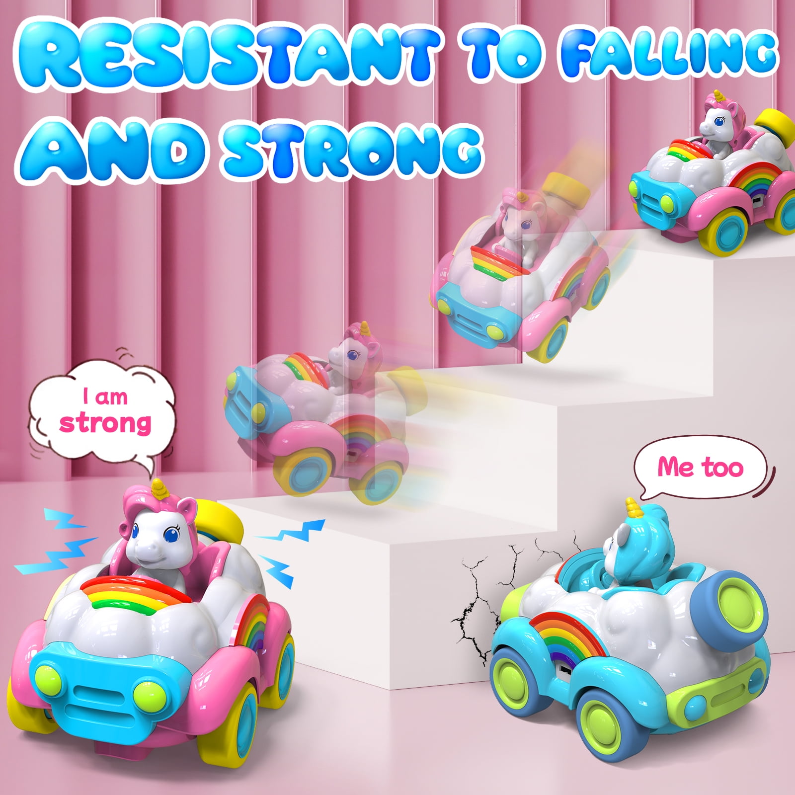 Beefunni Unicorn Toys for Girls Age 3-6, 2 Pack Remote Control Car for Tollders, RC Cars with LED Lights, Music & Sound, Christmas Birthday Gift for Kids (Pink and Blue)