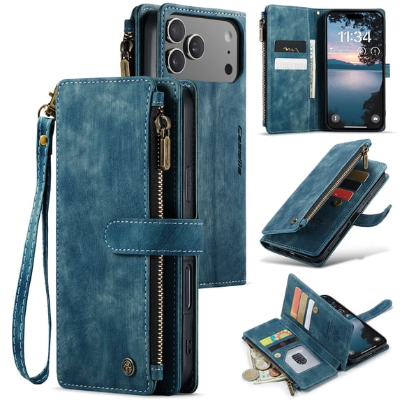 for iPhone 17 Pro Wallet Case with Card Slots, Zipper Pocket and Magnetic Flip Folio, RFID Blocking Card Holder Stand Leather Detachable Wristlet Strap 3-in-1 Case for Women and Men,Blue