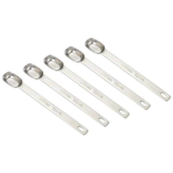 5pcs Single Measuring Spoon, (1/2tsp|1/6tbsp|2.5ml|1/16oz)Stainless Steel Measuring Spoons Long Handle Rectangular Individual Measure Spoons for Cooking Baking, Silver