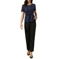 thumbnail image 2 of Dressy Casual Peplum Tops for Women Summer Pleated Crew Neck Belted Short Sleeve Blouse XS Dark Blue, 2 of 6