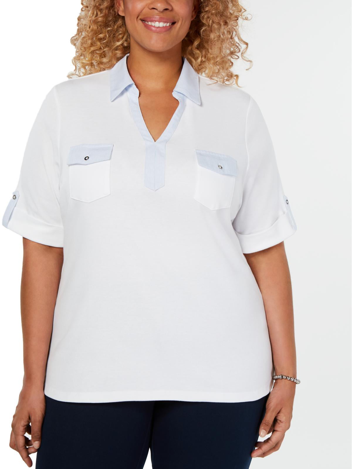 Karen Scott Plus Size 0X,2X,3X Shirt Woman Embroidered Striped Button Down Shirt 