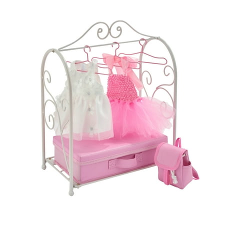 Badger Basket Scrollwork Metal Doll Armoire with Storage Dresses And Doll Accessories