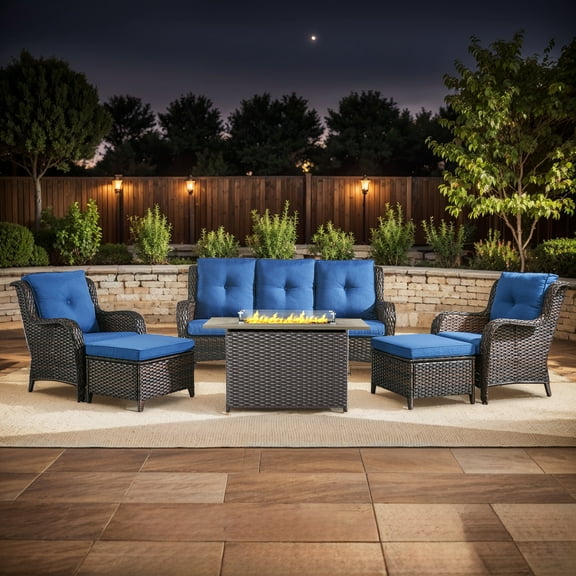 Gymojoy 6-Piece Outdoor Patio Furniture Set with 41" Gas Fire Pit Table, PE Wicker Sectional Sofa & Lounge Chair, 4" Thick Cushions – Perfect for Garden, Yard, or Porch