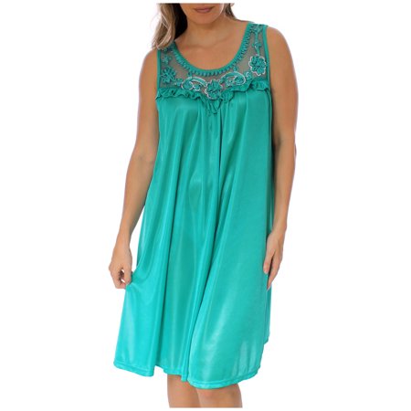 

BellaMarte Women s Silky Feeling Sleeveless Sexy Nightgown with Sequins and Ribbon Roses Teal XL