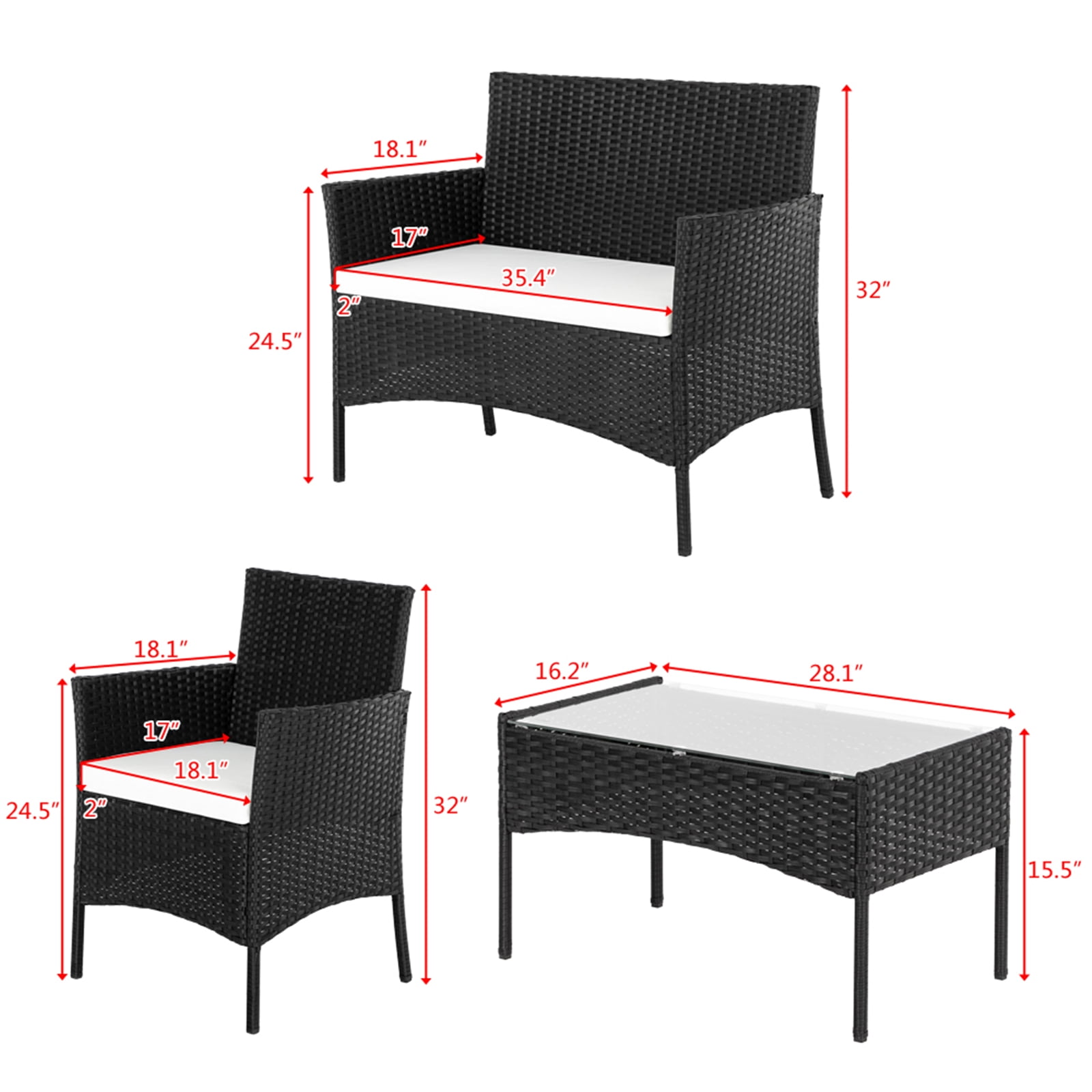 4 Pieces Outdoor Wicker Conversation Set, All-Weather Rattan Patio Furniture Sets with Arm Chairs, Tempered Glass Tabletop and Cushions, Sectional Sofa Set for Backyard, Garden, Poolside