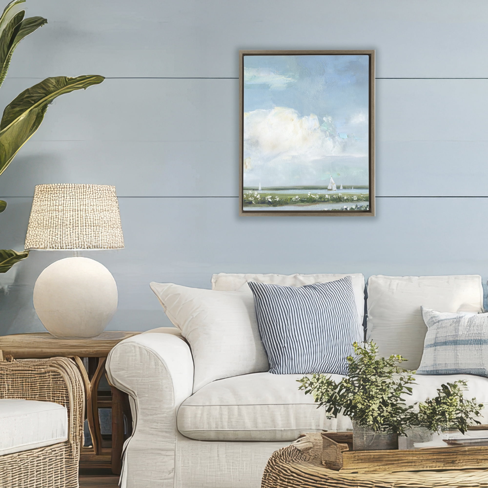 Stupell Industries Seaside Sailing Along Meadow Brown Framed Floater Canvas Wall Art, design by Sally Swatland
