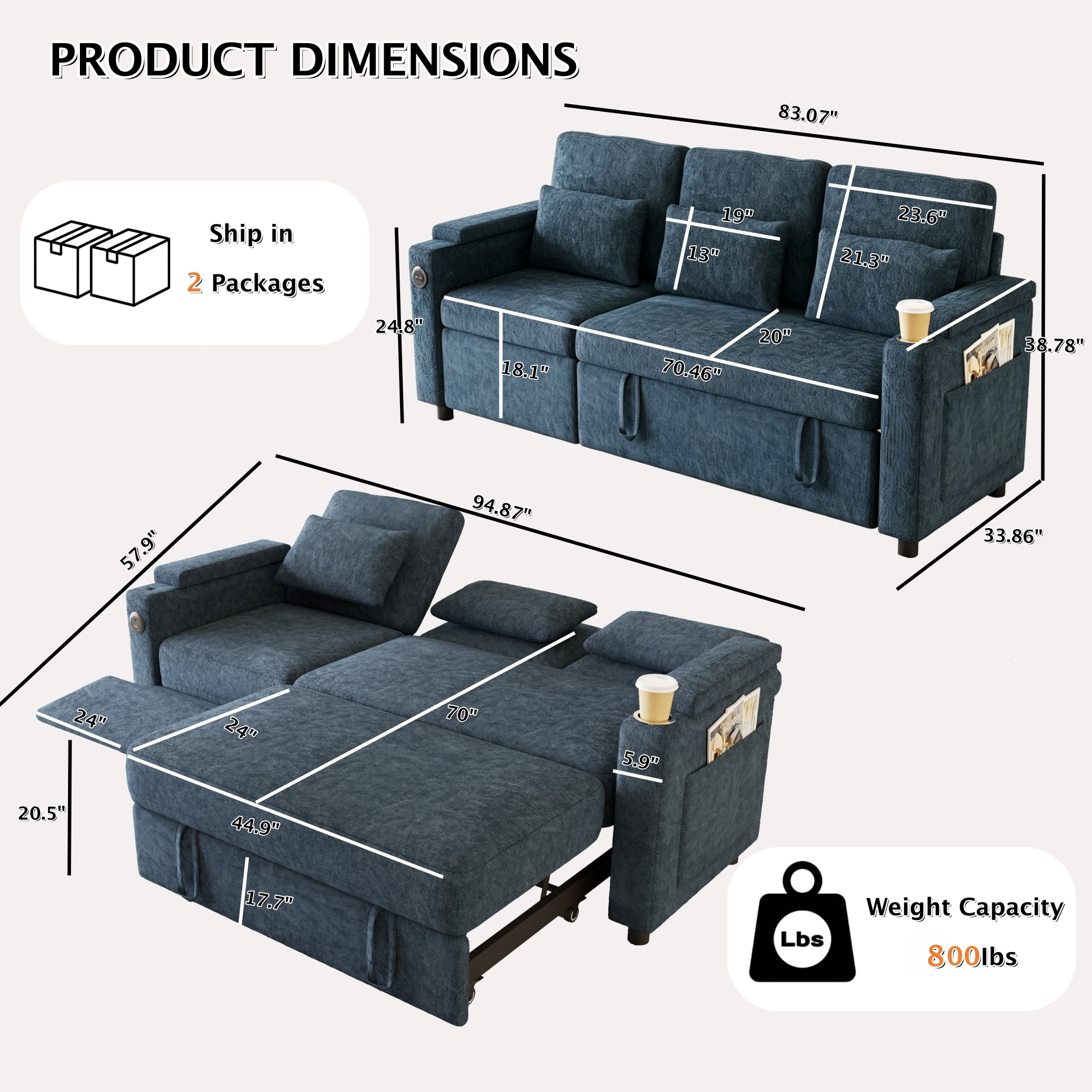 ShiKeyi 83" 3-in-1 Convertible Sofa Bed, Chenille 3 Seater Couch with Sleeper Sofa Function, Adjustable Backrest, USB Ports & Storage Armrests, Blue