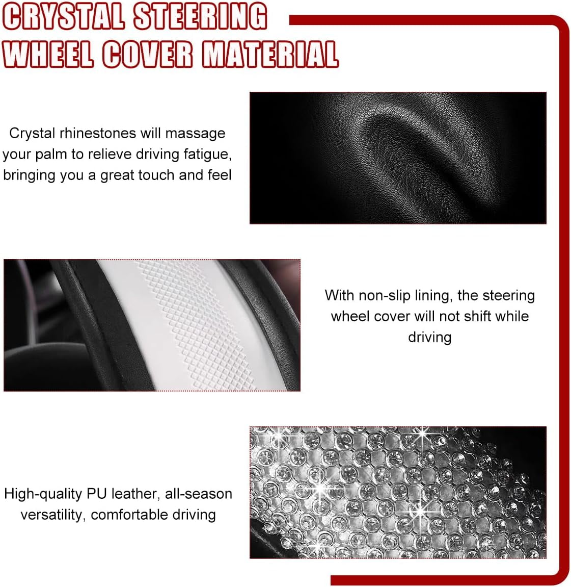 Sparkling Crystal Rhinestone Bling Car Steering Wheel Cover for Women Anti Slip Auto Wheel Protector Fit 15 Inch Steering Wheel Universal Car Accessories, White Red