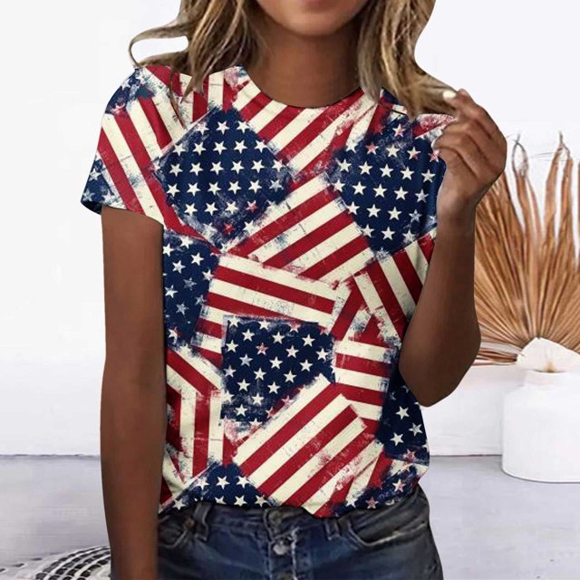 Fiudx Camisas de Mujer Moda Mujer Causal Día de La Independencia Cuello Redondo Impresión Blusa Manga Corta Camiseta Verano Tops