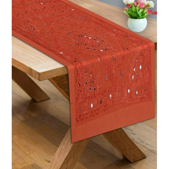 Stylo Culture Cotton Coffee Table Runner Orange Rectangular Traditional Bohemian Mirror Embroidered Living Room Decor Geometrical Boho Decorative Center Table Cloth | 34x19 Inches ( 86 x 48 cm)