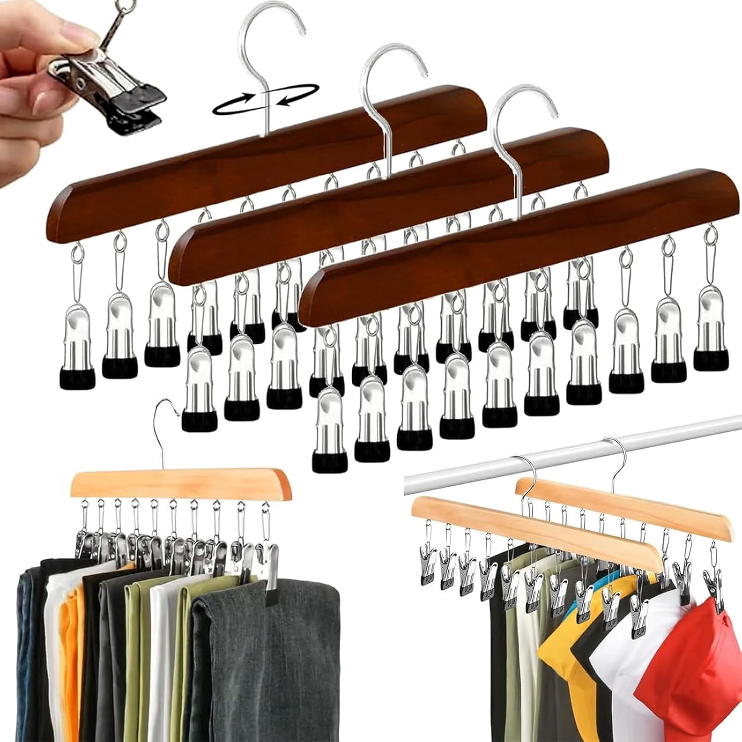 Wooden Rotating Pants Hanger with 10 Clips – Space-Saving Closet Organizer for Pants and Leggings, 360° Swivel Design