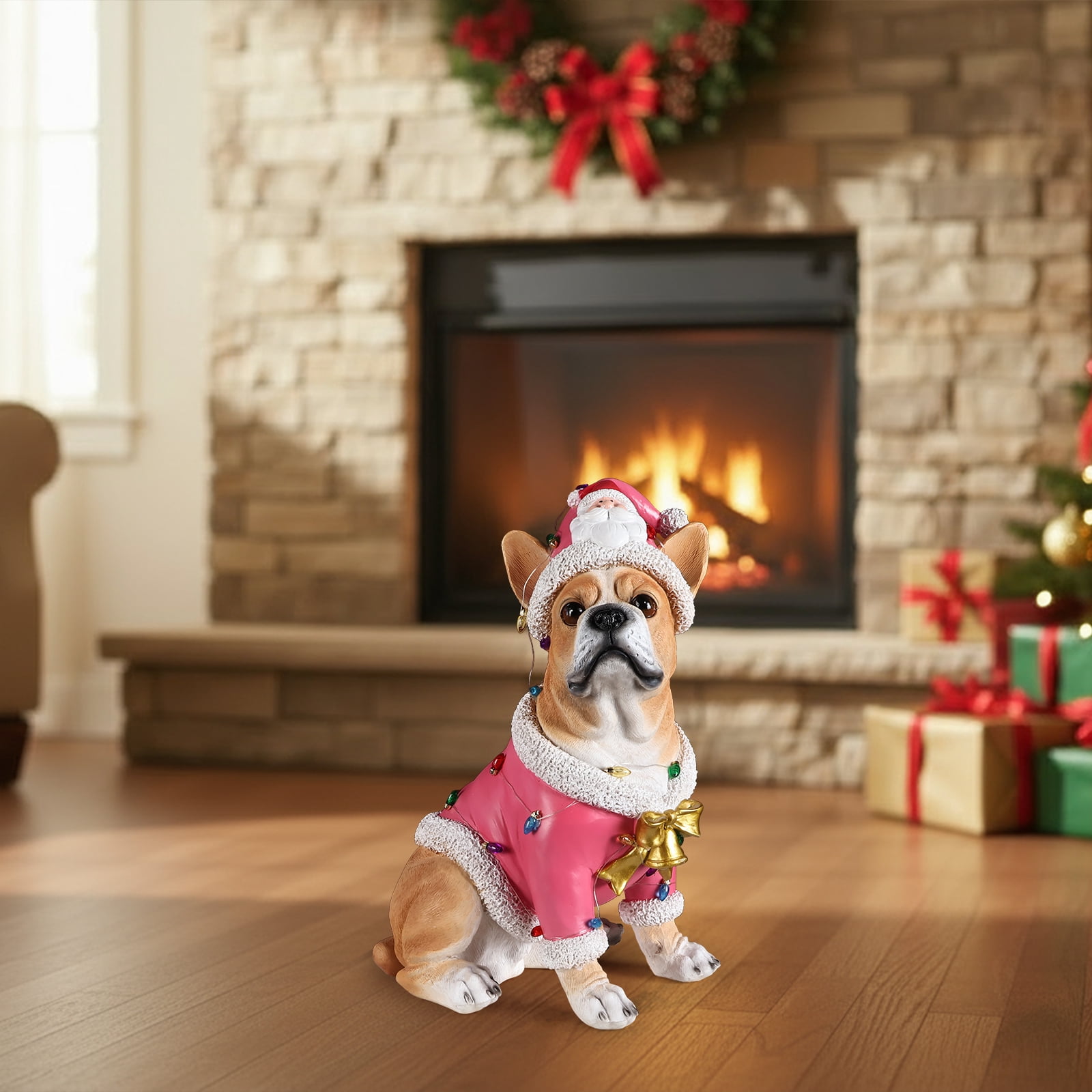 French Bulldog Pink Santa Outfit Christmas Dog Statue with Light Details Holiday Tabletop Decor