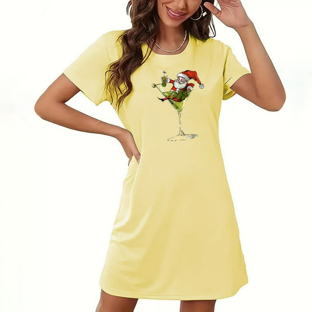 Camisón corto navideño para mujer, talla grande, cuello redondo, manga corta, estampado en el pecho, vestido de noche para mujer
