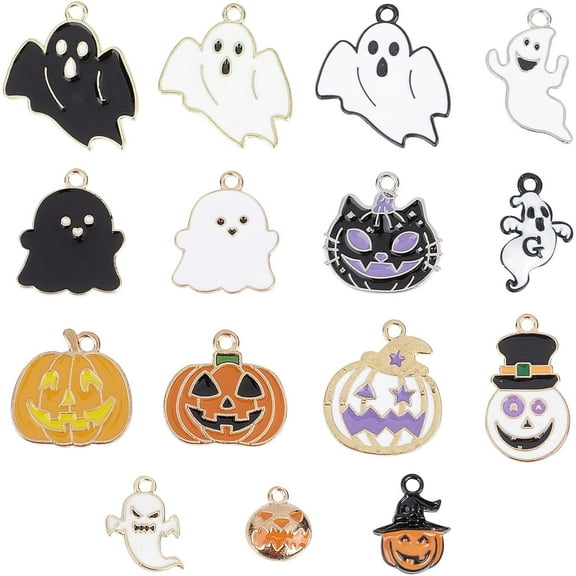 1 Box 30Pcs Halloween Charms Ghost Enamel Charm Jack-O-Lantern Charms Small Pumpkin Witch Hats Wizard Hat Charm Black Cat White Spooky Charms for Jewelry Making Charm DIY Craft Supplies