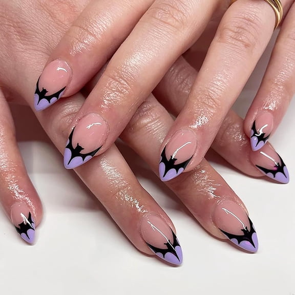 SELVORIA 24Pcs Halloween Press on Nails Short Almond Fake Nails with Black Bat Designs Purple French Tip Acrylic Nails Kit Halloween False Nail Full Cover Glue on Nail for Women DIY Manicure