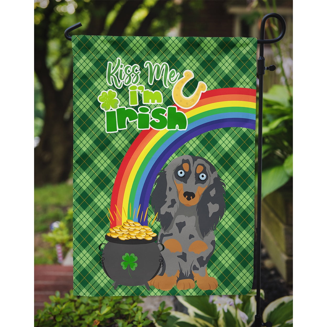Longhair Blue and Tan Dapple Dachshund St. Patrick's Day Flag Garden Size 11.25 in x 15.5 in