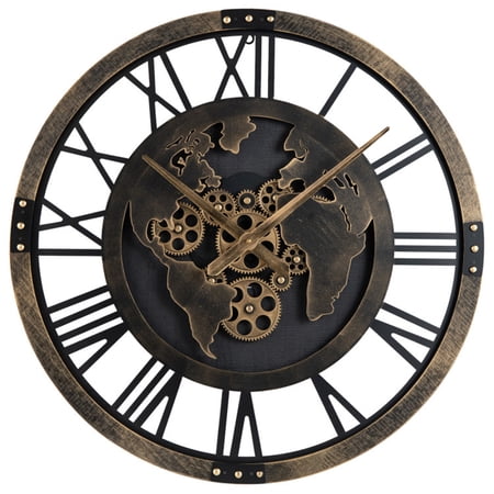 27 Brown Gear Wall Clock with World Map Non-Ticking Quartz Movement Decorative Home Clock (ABS & Metal)