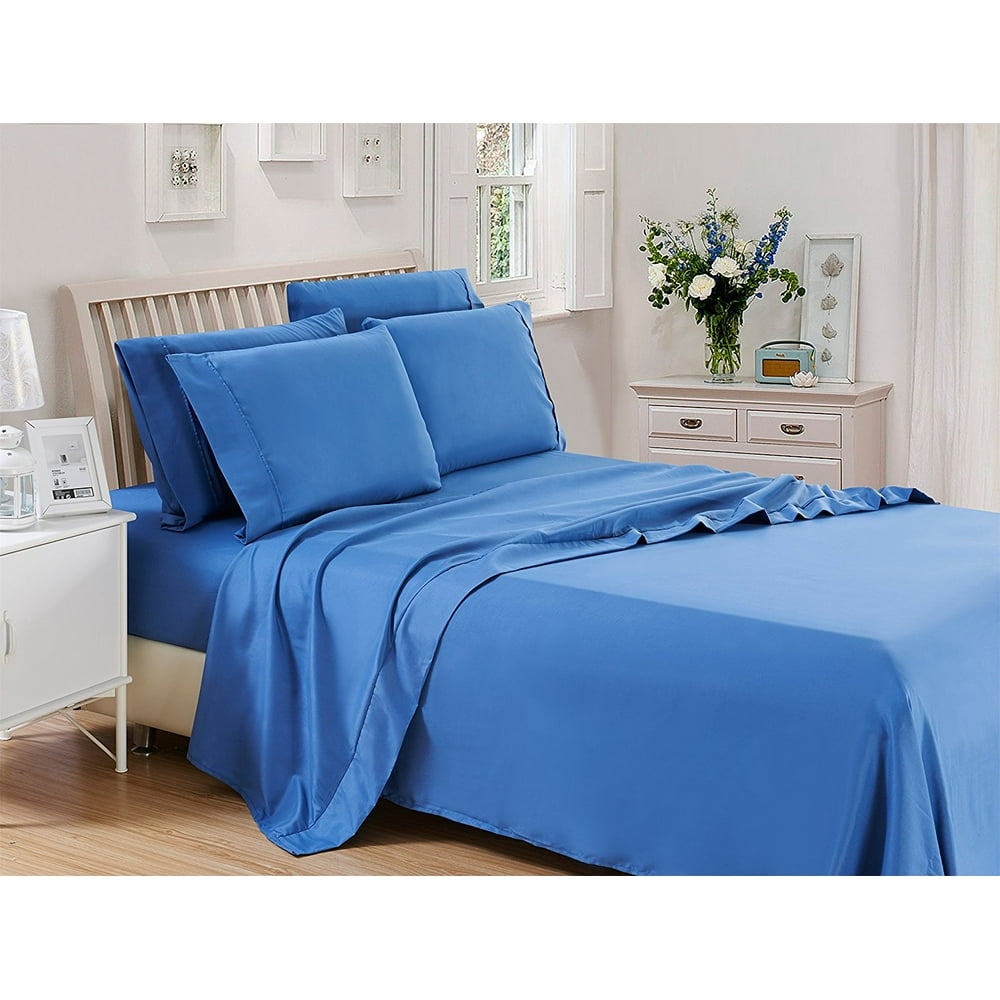 Solid Bed Sheet Set (Twin, Navy Blue) 4 Pieces(1 Fitted Bed Sheet,1