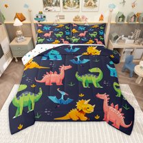 Homewish Kawaii Dino Dinosaur Queen Comforter Set,Ancient Animal Bedding Sets,Deepblue Green Orange Bedding Comforter Set For Boys Child,Ultra Soft Home Decor Reversible,3pcs