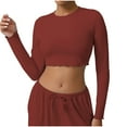 thumbnail image 1 of Lenpel Hauts Courts pour Femmes à Manches Longues, Col Ras du Cou, T-Shirts Courts de Couleur Unie, T-Shirts d'Entraînement de Gym, Chemisiers Athlétiques Décontractés (Rouge, Grand), 1 of 5