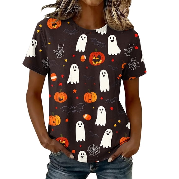 Plus Size Halloween Shirts for Women Short Sleeve Spooky Season Loose Fit Tops Cute Funny Comfort Pumpkin Graphic T Shirt