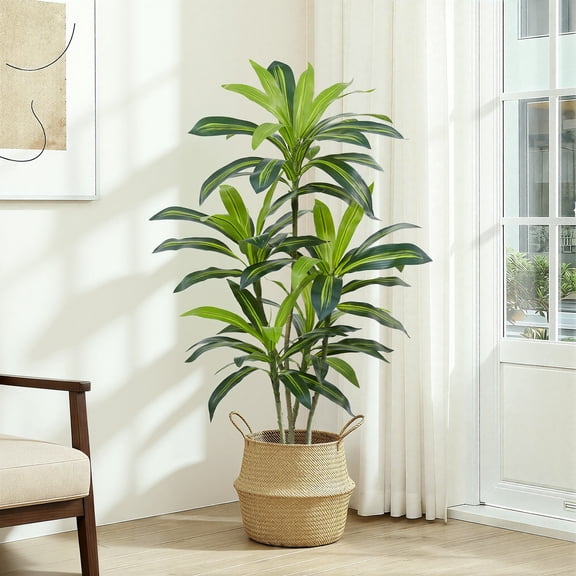 Dracaena Plant Artificial Tree 4Ft Tall Fake Tropical Floor Plants Potted (Real Touch) Artificial Silk Tree Leaf Faux Trees Black Tall Planter for Home Office Living Room Indoor Outdoor Decor