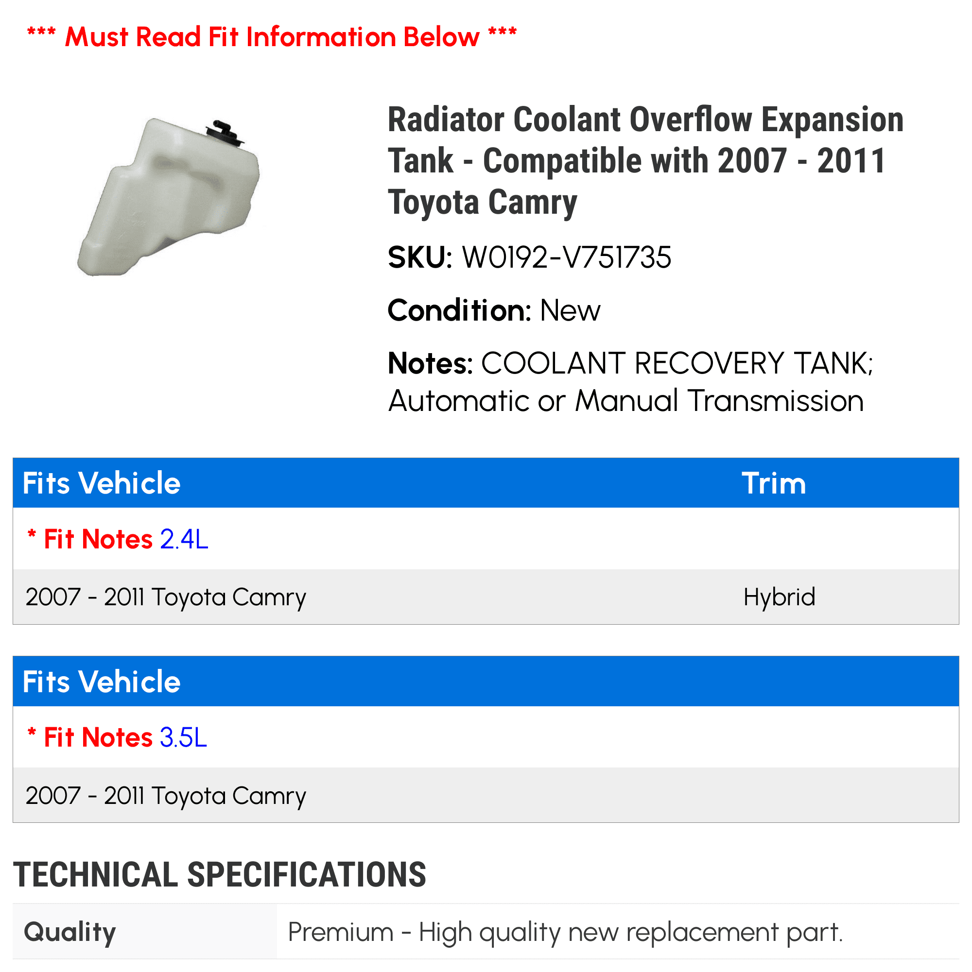 Radiator Coolant Overflow Expansion Tank - Compatible with 2007 - 2011 Toyota Camry 2008 2009 2010