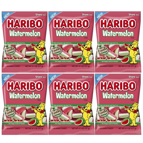 Haribo Watermelon Gummi Candy Pack of 6 (4.1oz Bags) Juicy Three-Layered Fruit Flavored Sweets