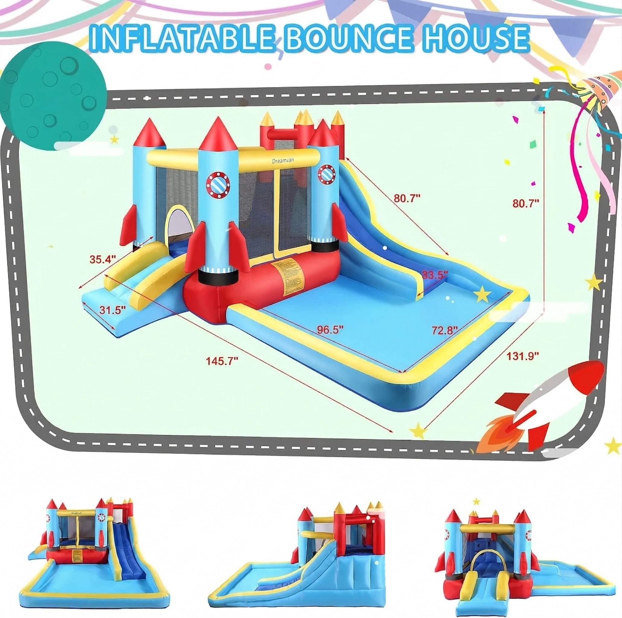Veeboto Bounce House with Blower, Inflatable Water Slide with Climbing Wall, Pool/Ball Pit, Double Slide and Bouncing Area, 5-in-1 Indoor/Outdoor Bouncy Castle for both Dry and Wet, Durable PVC