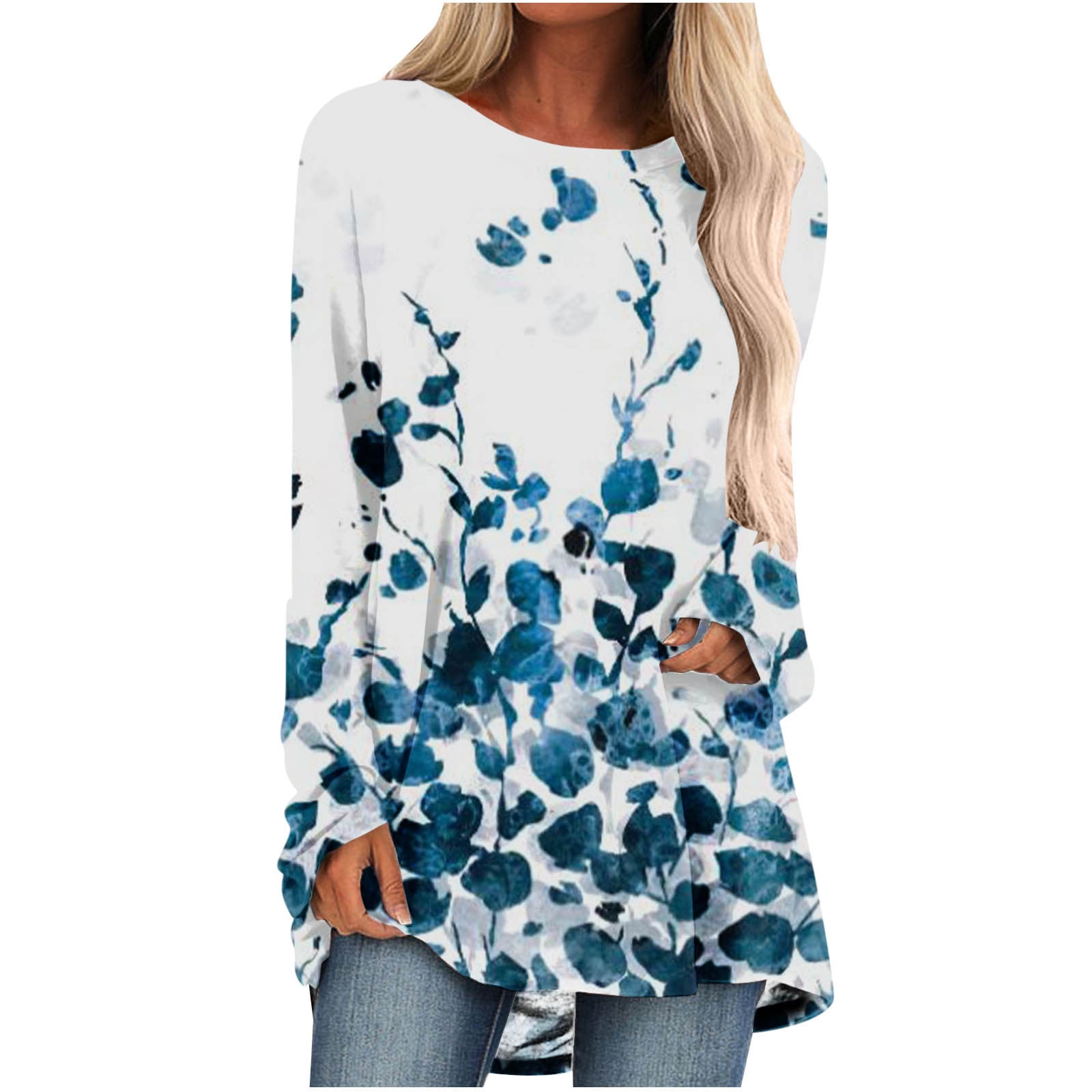QIPOPIQ Clearance Womens Tops Plus Size Summer Long Sleeve Round Neck