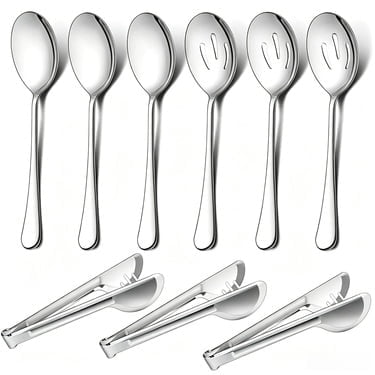 9Pcs Serving Utensils Set, 8.9 inch Stainless Steel Silver Buffet Banquet Catering Serving Spoons Tongs Set, , Mirror Polished, Dishwasher Safe