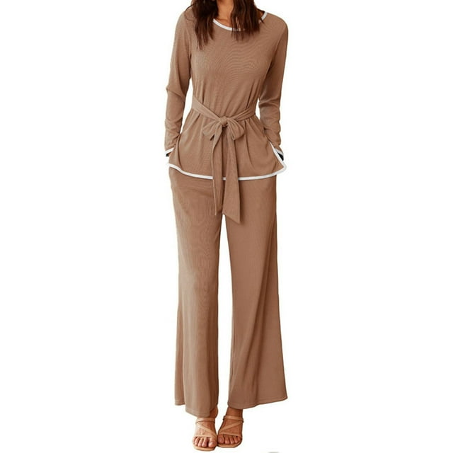 WILLBEST Womens Pants 2 Piece Sets Solid Color for Women Ribbed Tie Front Top Wide Leg Pants Matching Sets Tracksuits Fall Outfits Ladies Wide Leg Pants