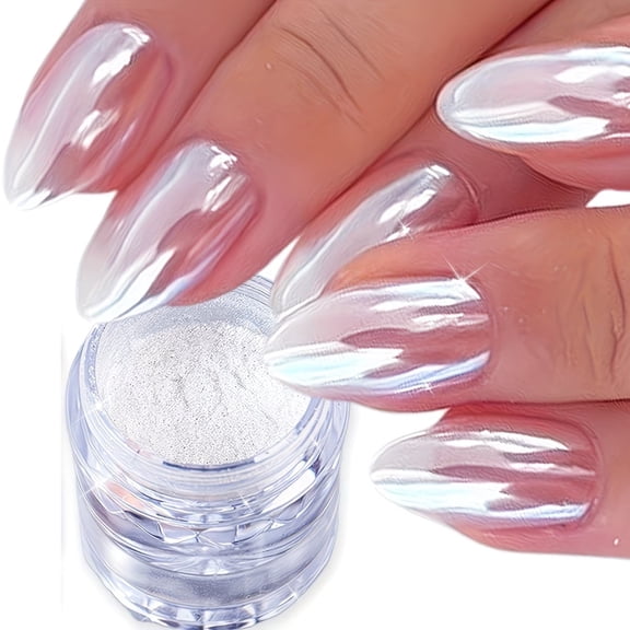3 Piece Aurora White Chrome Nail Art Charms Powder Kit - Iridescent Metallic Mirror Effect for Stunning Nail Designs