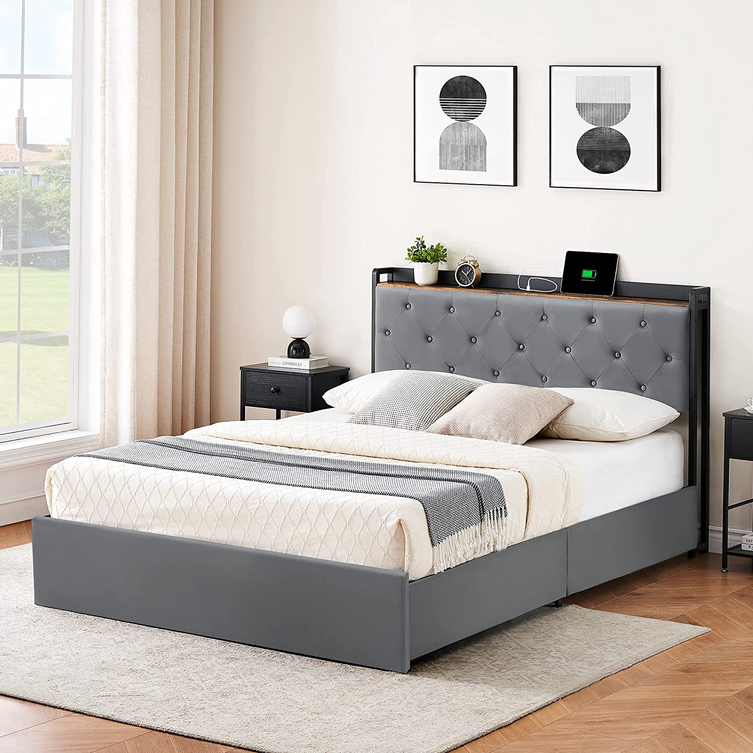 Juiluna Queen Bed Frame with 4 Storage Drawers and Charging Station,Grey Queen Upholstered Bed Frame with Storage Headboard No Box Spring Needed Noise-Free (Queen)