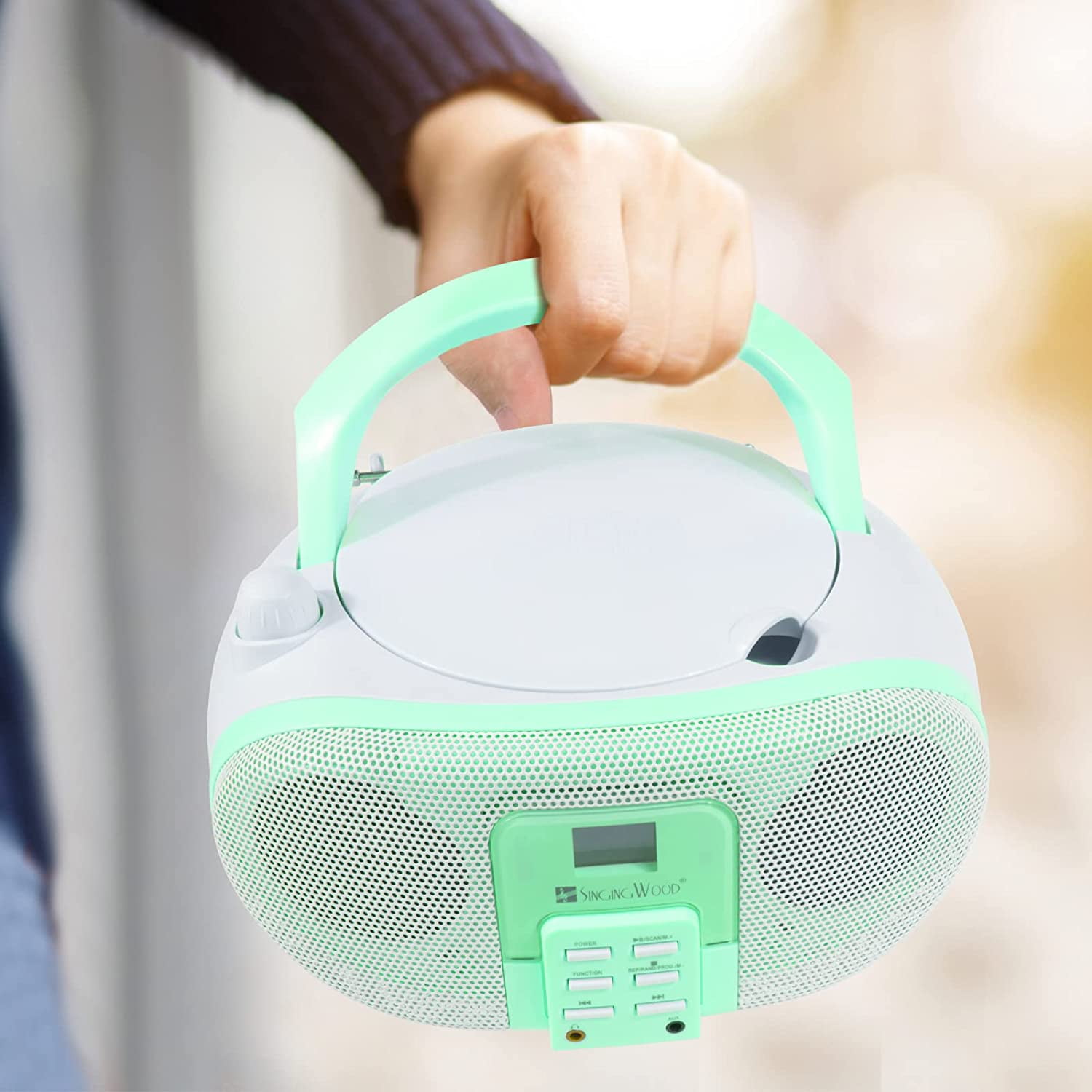 SingingWood GC01 Macarons Series Portable CD Player Boombox with AM FM Stereo Radio Kids CD Player LCD Display, Front Aux-in Port Headphone Jack, Supported AC or Battery Powered -Pistachio