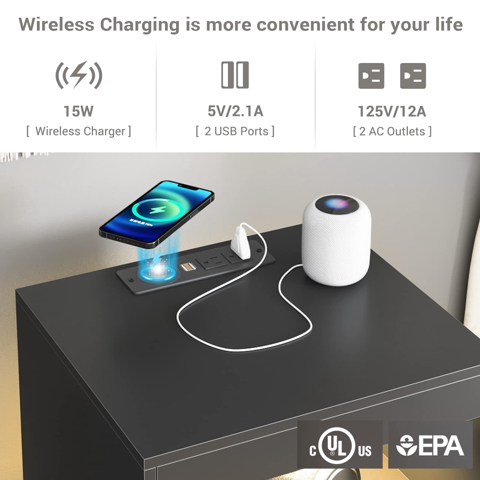 Afuhokles Nightstand with Wireless Charging Station Set of 2, LED Bedside Table with with 2 Drawers, Black