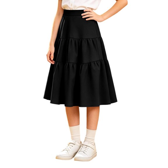 Girls Tiered Ruffle Midi Skirt,Elastic Waist Solid Flowy A-Line Skirt,Kids Casual Uniform Skirts for Girls Back to School Party
