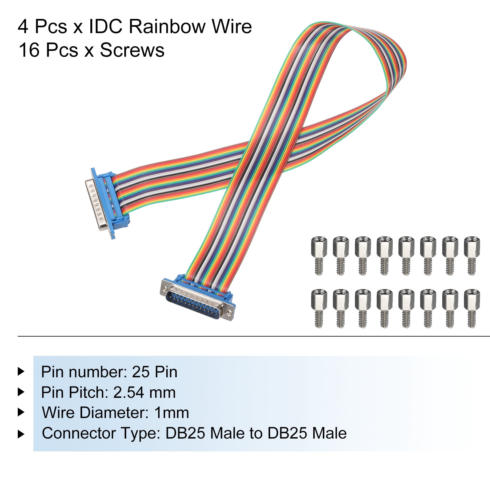 4 Pcs IDC Rainbow Wire Flat Ribbon Cable DB25 Male to DB25 Male 19.7 Inch Length 2.54mm Pitch Breadboard Jumper Wires for Electronic Projects