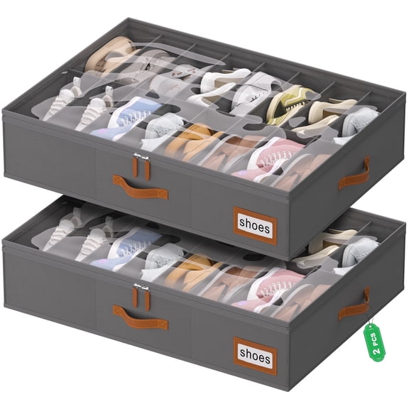 Shoe Organizer Under Bed, Fits 32 Pairs, Under Bed Shoe Storage Boxes with Study Handles and Clear Cover, zapateras Organizer for Shoes, Set of 2